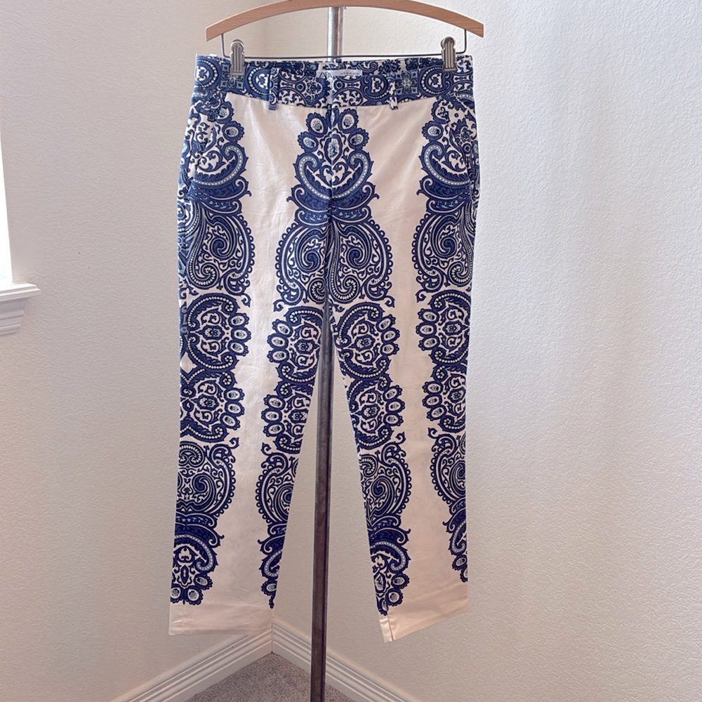 Zara sz 4 blue cream paisley trousers EUC Preppy Office Eclectic